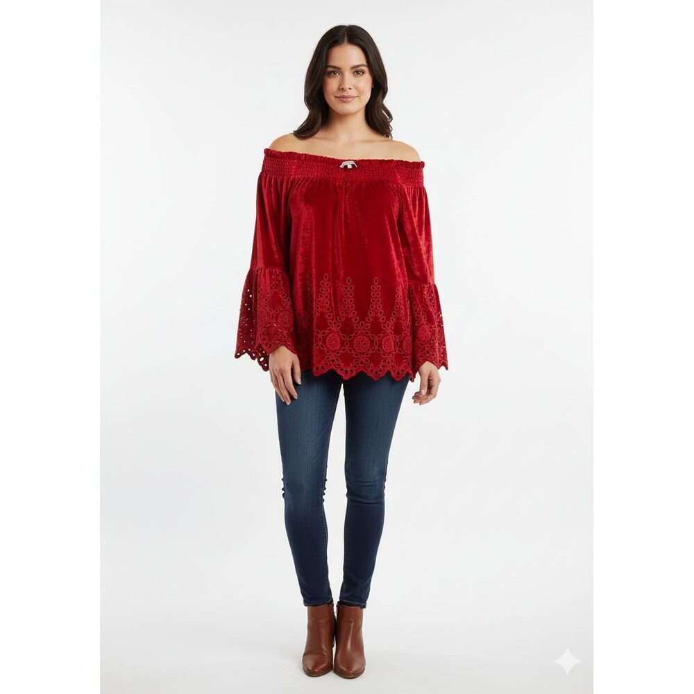 John Mark Red Velvet Off Shoulder Tunic Blouse Large L Bell Sleeve Eyelet